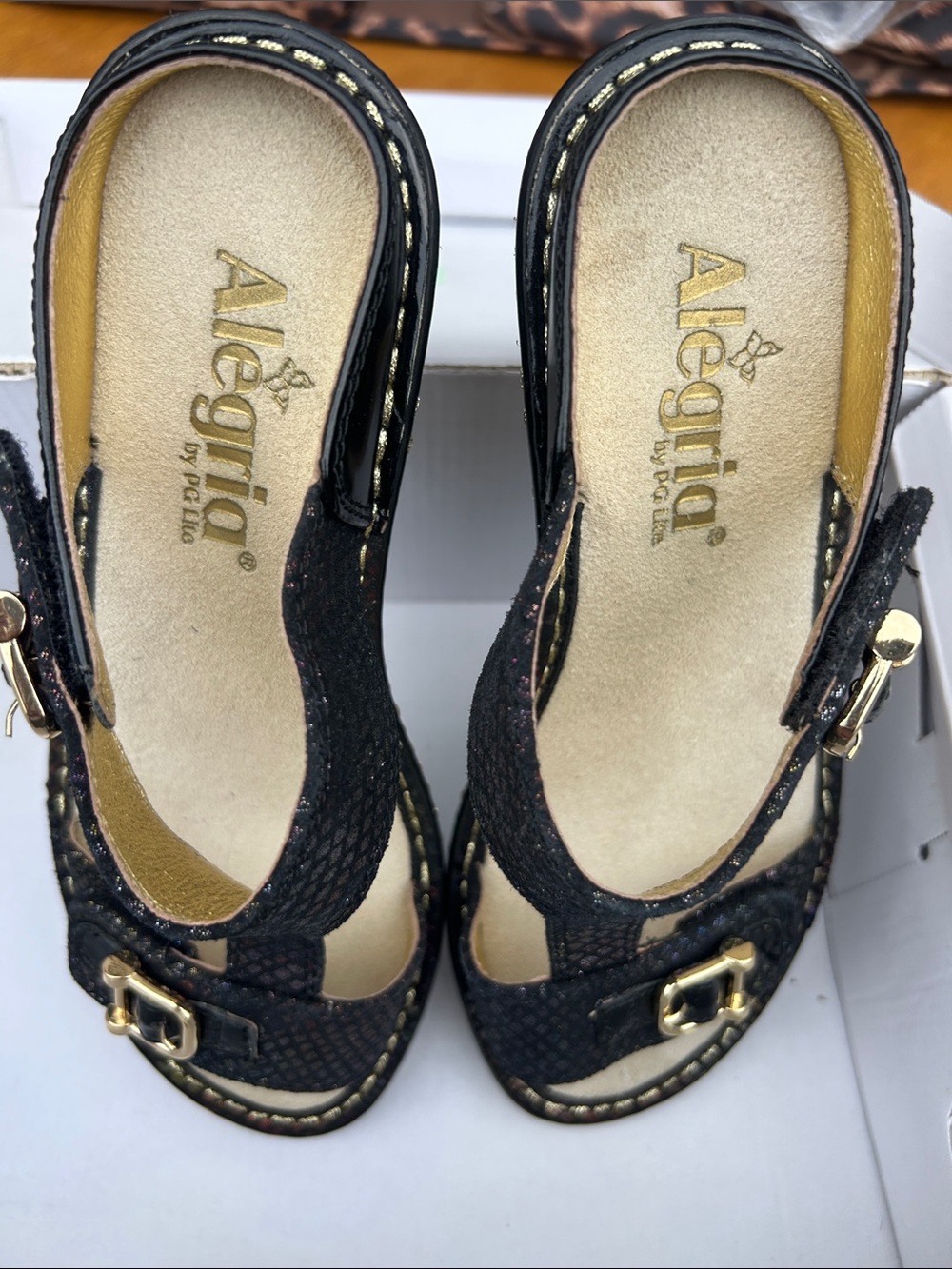 Alegria Black Open-Toe Slip-On Mules with Gold Buckle Detail